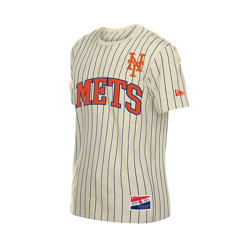T-shirt à rayures New Era crème pour homme, modèle rétro des Mets de York.