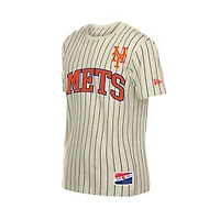 T-shirt à rayures New Era crème pour homme, modèle rétro des Mets de York.