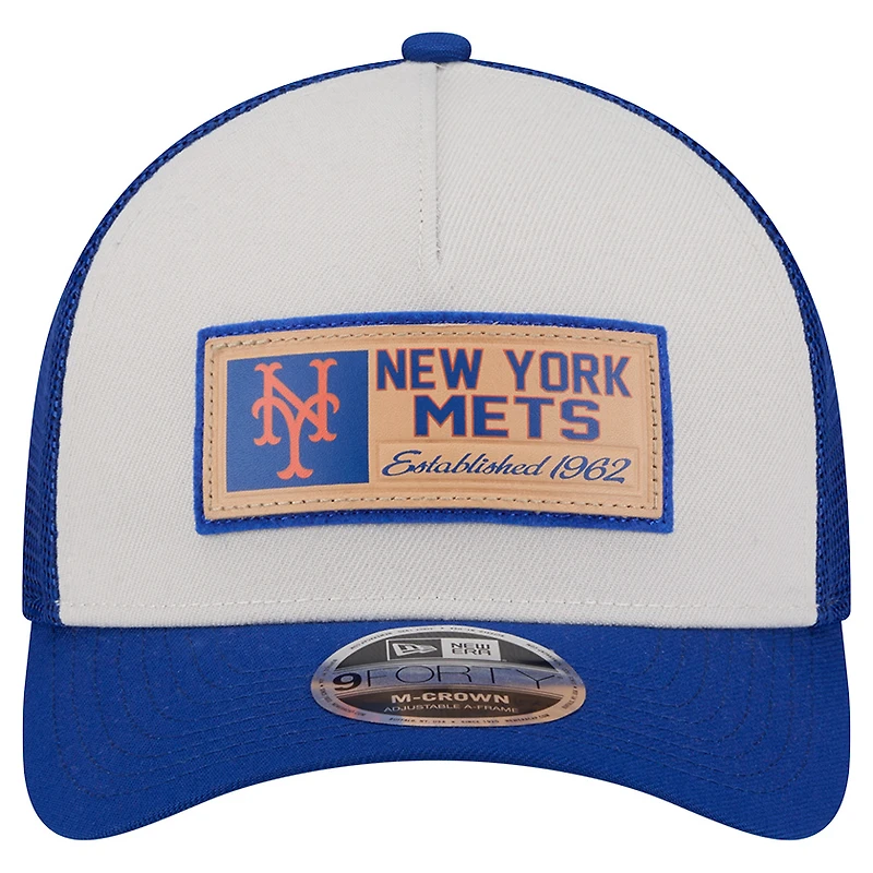 Men's New Era Stone/Royal New York Mets Text A-Frame Trucker 9FORTY Hat