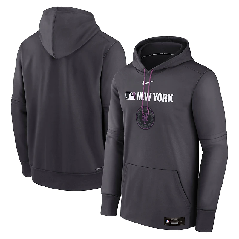 Men's Nike  Anthracite New York Mets Authentic Collection City Connect Therma Pullover Hoodie