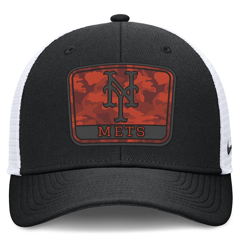 Casquette trucker Nike pour homme, camouflage New York Mets, noire et blanche, taille haute, technologie Dri-FIT, ajustable