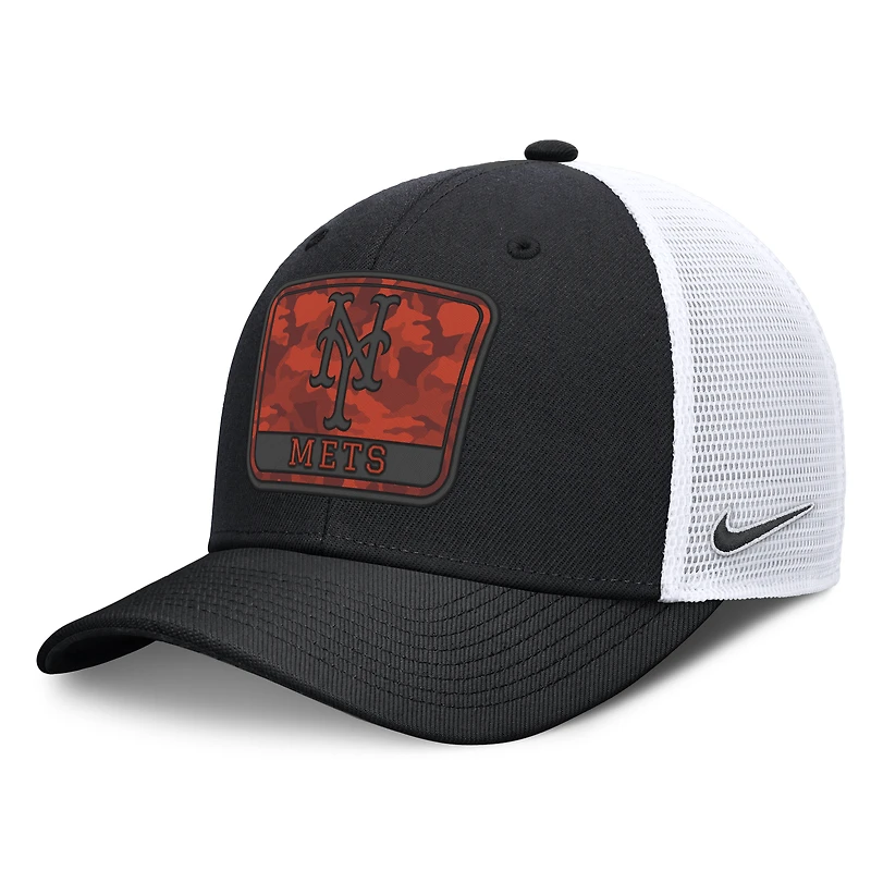 Casquette trucker Nike pour homme, camouflage New York Mets, noire et blanche, taille haute, technologie Dri-FIT, ajustable