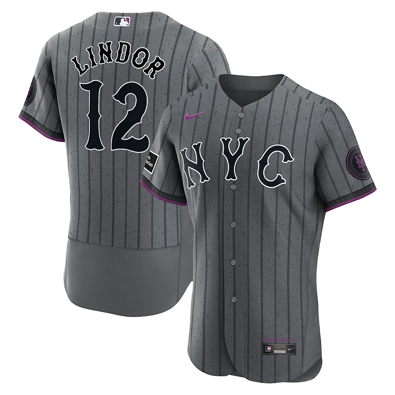 Men's Nike Gray Francisco Lindor New York Mets City Connect Authentic Sponsor Patch Jersey