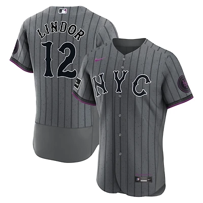 Men's Nike Gray Francisco Lindor New York Mets City Connect Authentic Sponsor Patch Jersey