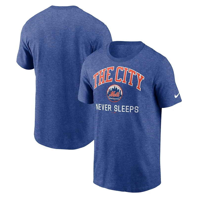 T-shirt Nike Heather Blue New York Mets « La ville ne dort jamais » pour homme, en mélange de trois matières.