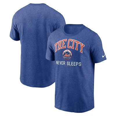 T-shirt Nike Heather Blue New York Mets « La ville ne dort jamais » pour homme, en mélange de trois matières.