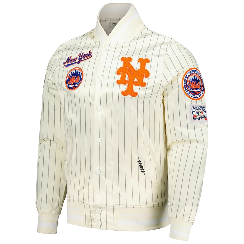 Men's Pro Standard Cream New York Mets Cooperstown Collection Pinstripe Retro Classic Satin Full-Snap Jacket