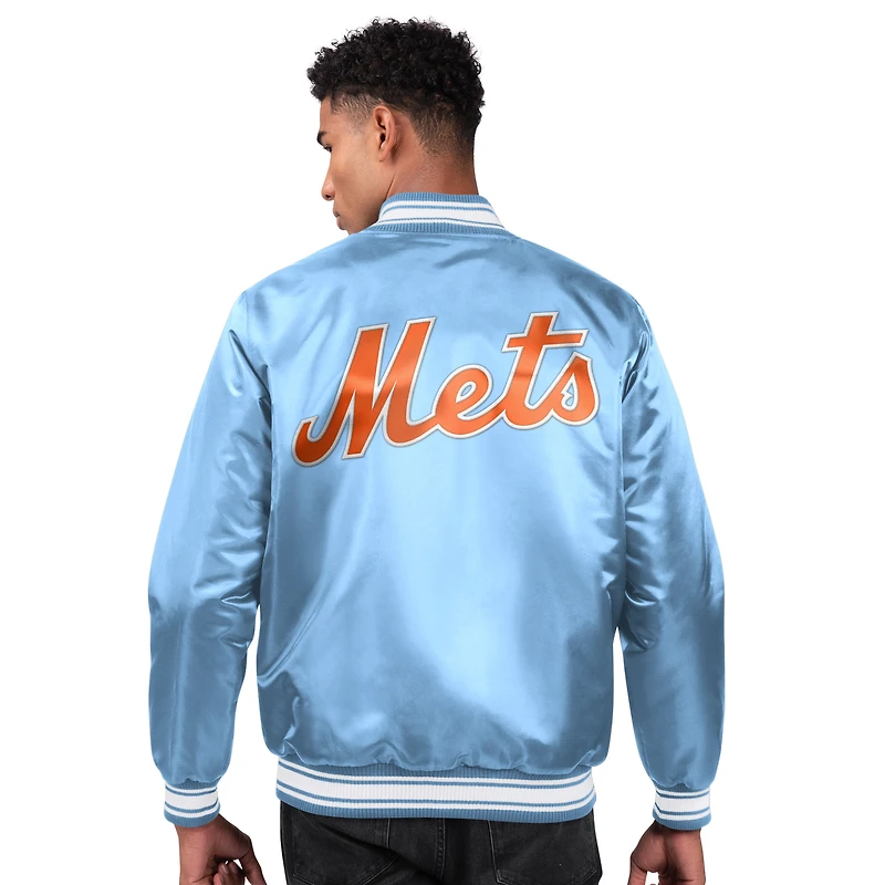 Veste universitaire en satin bleu clair Starter pour homme des New York Mets, avec boutons-pression