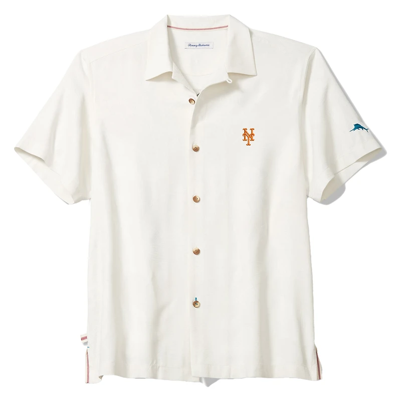 Chemise boutonnée Tommy Bahama blanche pour homme, New York Mets Island Fly Ball Camp, en mélange de trois fibres COOLMAX, couleur blanc.