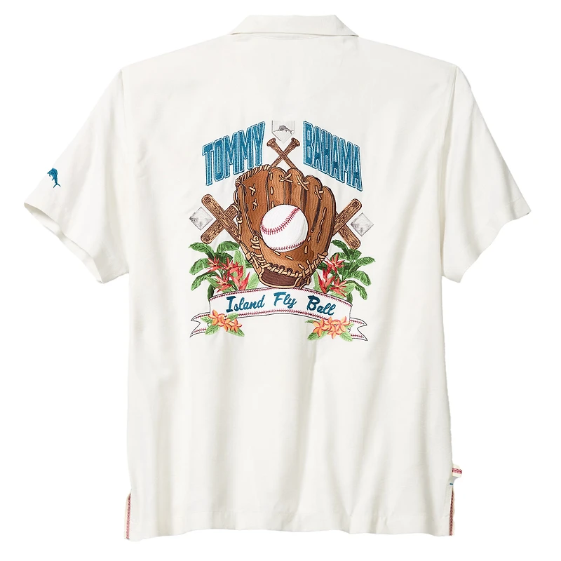 Chemise boutonnée Tommy Bahama blanche pour homme, New York Mets Island Fly Ball Camp, en mélange de trois fibres COOLMAX, couleur blanc.