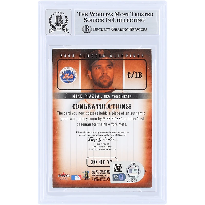 Carte authentifiée par Mike Piazza (New York Mets) – Fleer Classic Clippings GU Relic n° 20 (2005), certifiée par Beckett Fanatics Witnessed (n° 10).