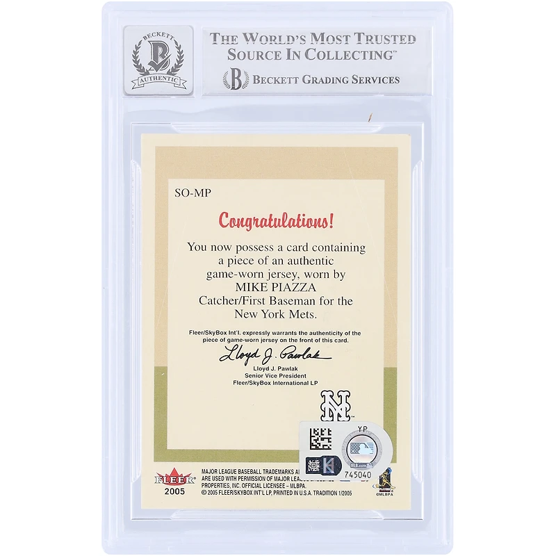 Mike Piazza New York Mets Autographed 2005 Fleer Tradition Stand Outs GU Relic #SO-MP Beckett Fanatics Witnessed Authenticated 10 Card