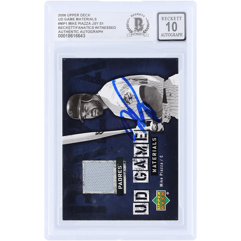 Carte autographiée de Mike Piazza (New York Mets) de 2006, Upper Deck Game Materials GU Relic #UD-MP, authentifiée par Beckett Fanatics Witnessed (n° 10).