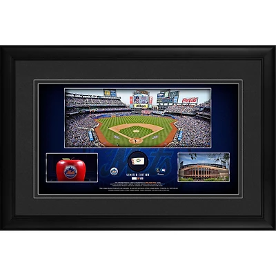 Collage panoramique encadré du stade des Mets de New York 10" x 18" avec un morceau de baseball utilisé lors du match - Édition limitée à 500 exemplaires