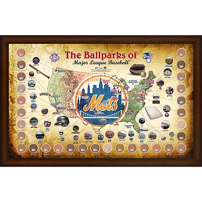 Collage encadré de la carte des parcs de la MLB de 20" x 32" des Mets de New York avec de la terre utilisée lors des matchs des 30 stades