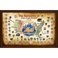 Collage encadré de la carte des parcs de la MLB de 20" x 32" des Mets de New York avec de la terre utilisée lors des matchs des 30 stades