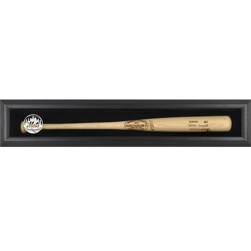 Vitrine murale pour batte de baseball des Mets de New York, encadrée noire, avec logo des Mets.