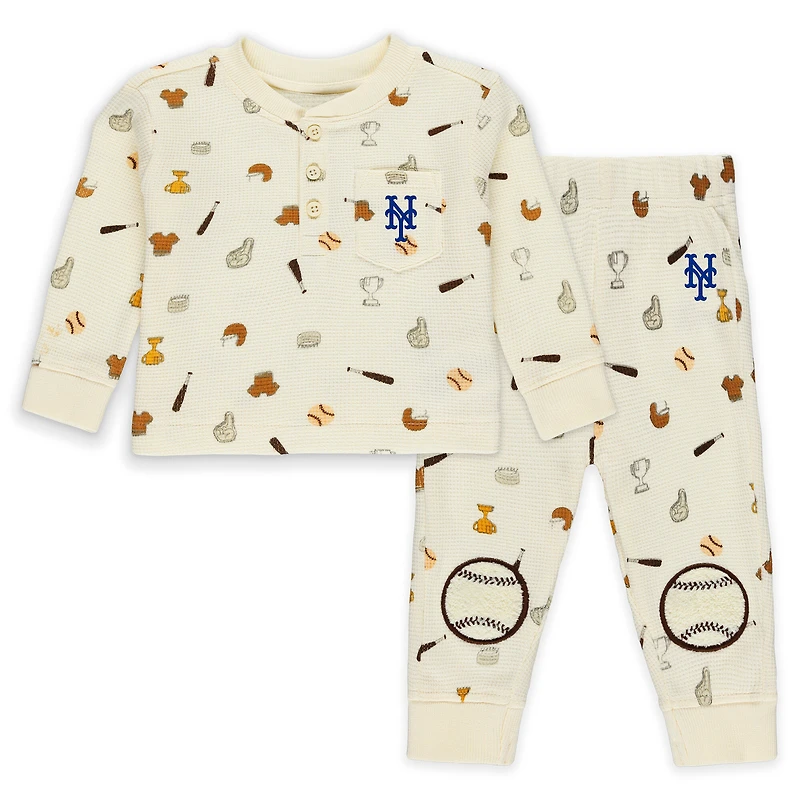 Newborn WEAR by Erin Andrews Cream New York Mets Two-Piece Waffle-Knit Sleep Set