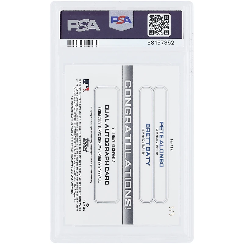 Pete Alonso & Brett Baty New York Mets Autographed 2023 Topps Chrome Update Dual Auto Red Refractor #DA-ABA #5/5 PSA Authenticated 9 Card