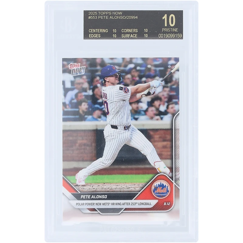 Pete Alonso, New York Mets, 2025 Topps Now Polar Power, nouveau roi des circuits des Mets après son 253e coup de circuit, étiquette noire n° 553, authentifiée BGS, note 10/10/10/10