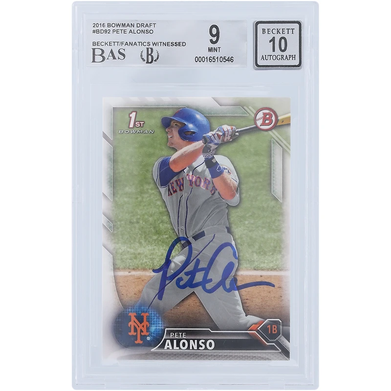 Pete Alonso New York Mets Autographié 2016 Bowman Draft 1st Bowman #BD-92 Beckett Fanatics Witnessed Authenticated 9/10 Rookie Card