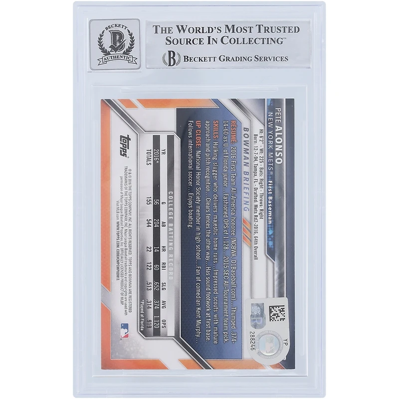 Pete Alonso New York Mets Autographed 2016 Bowman Draft 1st Bowman #BD-92 Beckett Fanatics Witnessed Authenticated 9/10 Rookie Card