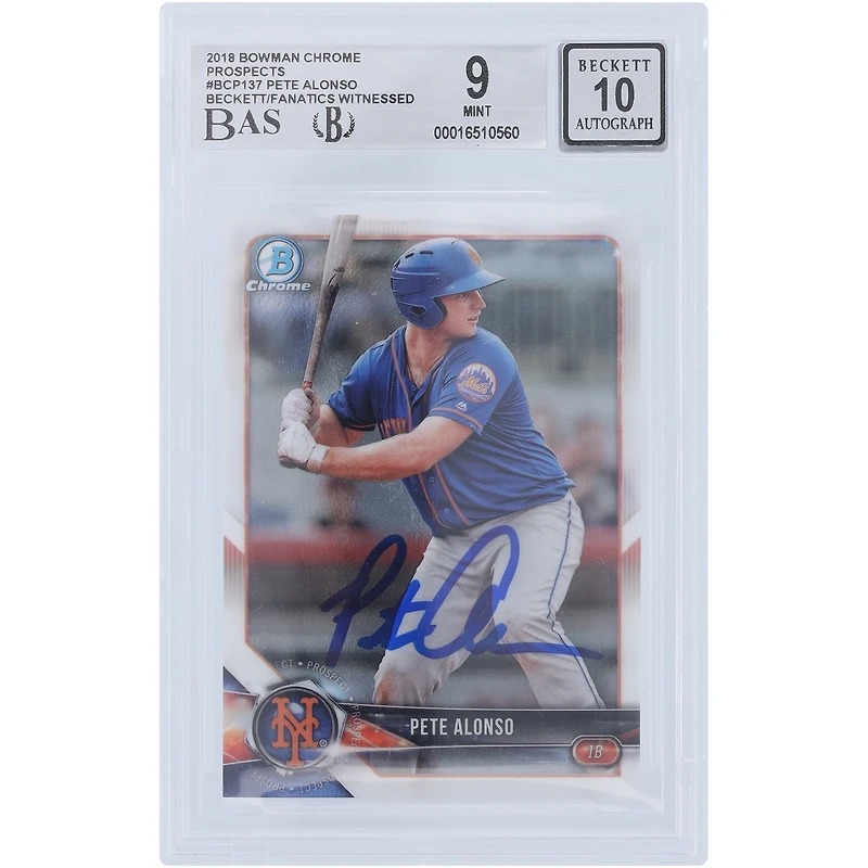 Pete Alonso New York Mets Autographed 2018 Bowman Chrome #BCP-137 Beckett Fanatics Witnessed Authenticated 9/10 Rookie Card