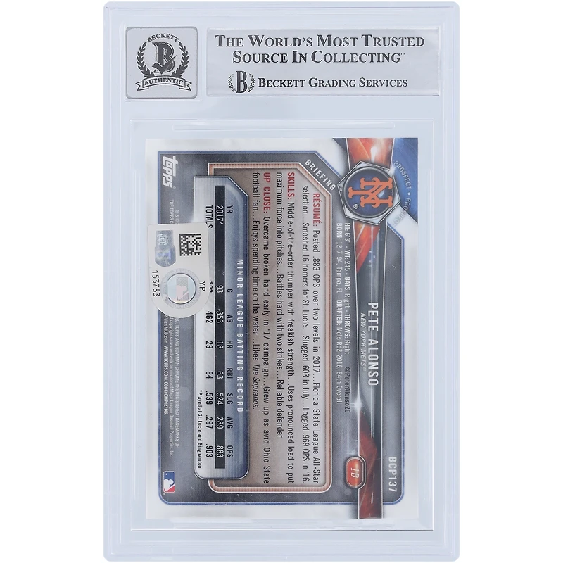 Pete Alonso New York Mets Autographed 2018 Bowman Chrome #BCP-137 Beckett Fanatics Witnessed Authenticated 9/10 Rookie Card