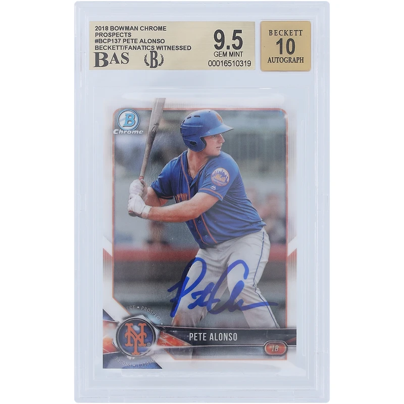 Carte de recrue autographiée 9,5/10 Bowman Chrome #BCP-137 Beckett 2018 par Pete Alonso des New York Mets, témoin d'un fanatique de Beckett