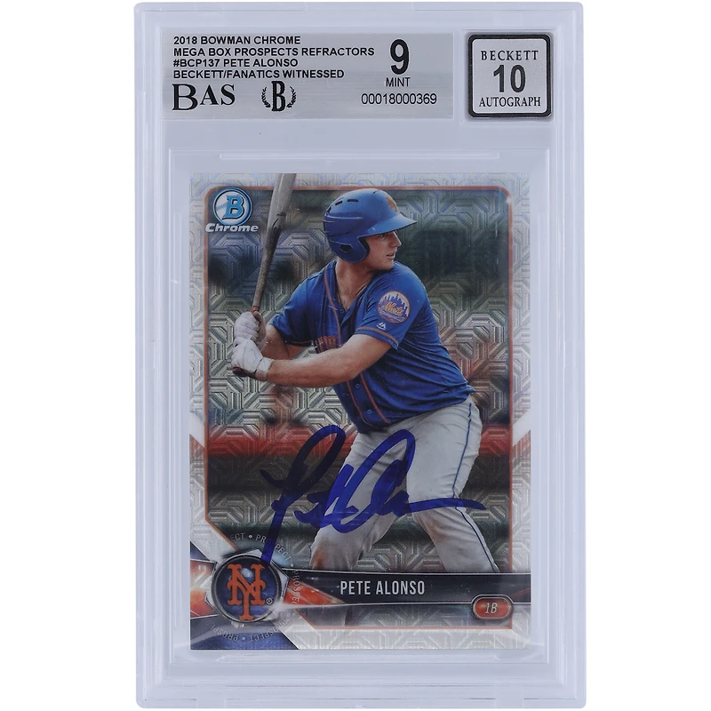 Pete Alonso New York Mets Autographed 2018 Bowman Chrome Prospects Mega Box Refractor #BCP137 Beckett Fanatics Witnessed Authenticated 9/10 Card