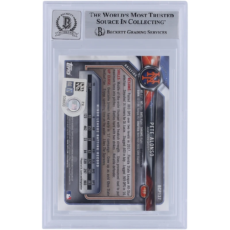 Pete Alonso New York Mets Autographed 2018 Bowman Chrome Prospects Mega Box Refractor #BCP137 Beckett Fanatics Witnessed Authenticated 9/10 Card