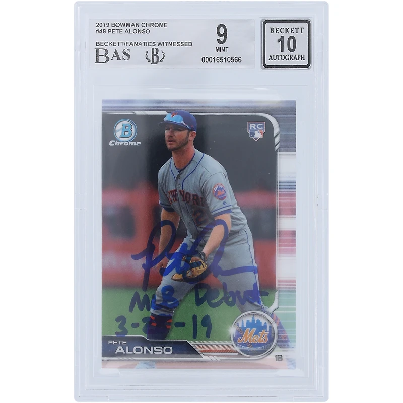 Pete Alonso New York Mets Autographed 2019 Bowman Chrome #48 Beckett Fanatics Witnessed Authenticated 9/10 Rookie Card with "MLB Debut 3-28-19" Inscription