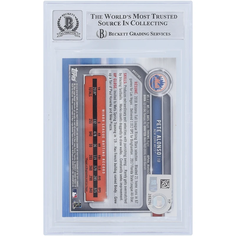 Pete Alonso New York Mets Autographed 2019 Bowman Chrome #48 Beckett Fanatics Witnessed Authenticated 9/10 Rookie Card with "MLB Debut 3-28-19" Inscription