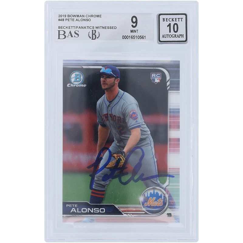 Pete Alonso New York Mets autographié Bowman Chrome #48 Beckett 2019 Fanatics Witnessed Authenticated 9/10 Rookie Card