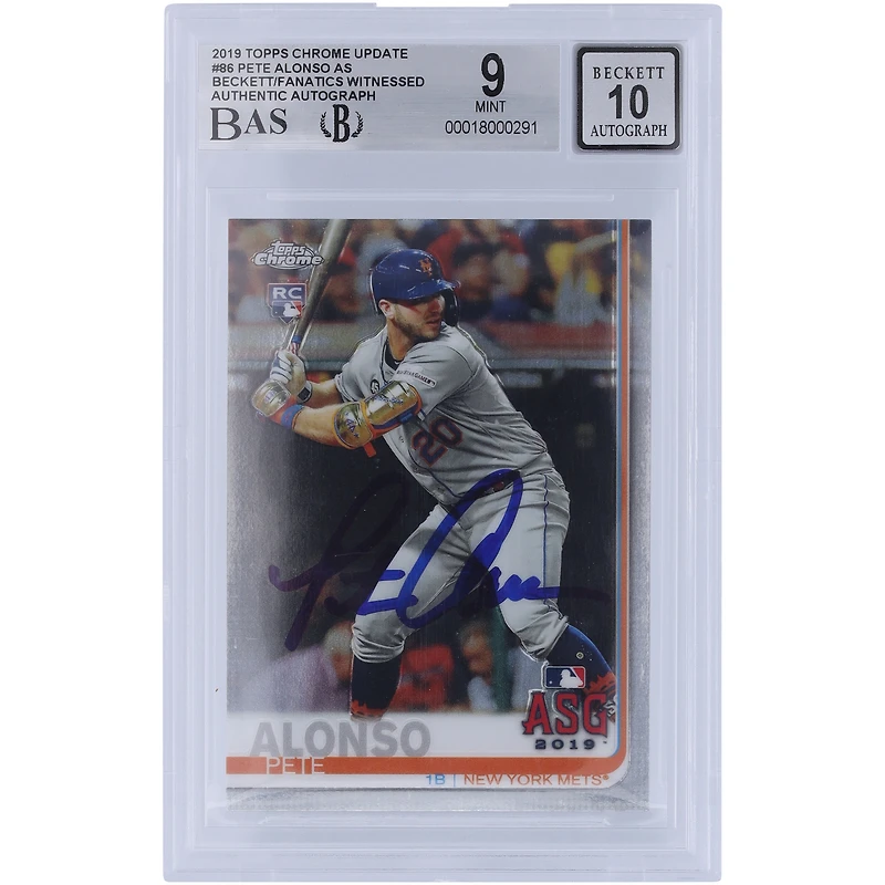 Pete Alonso, New York Mets, carte de recrue autographiée Topps Chrome Update n° 86 Beckett 2019, vue par des fans, 9/10