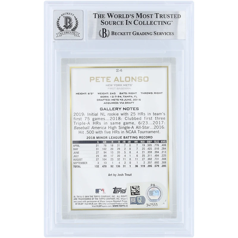 Pete Alonso New York Mets Autographed 2019 Topps Gallery #24 Beckett Fanatics Witnessed Authenticated 10 Rookie Card