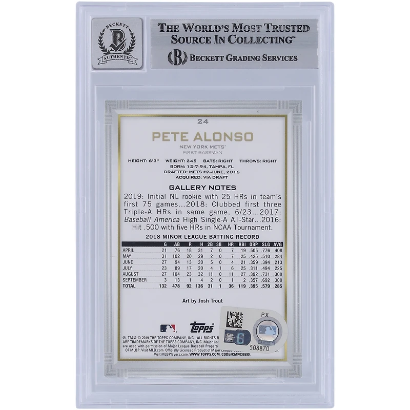 Pete Alonso New York Mets Autographed 2019 Topps Gallery #24 Beckett Fanatics Witnessed Authenticated 9/10 Rookie Card