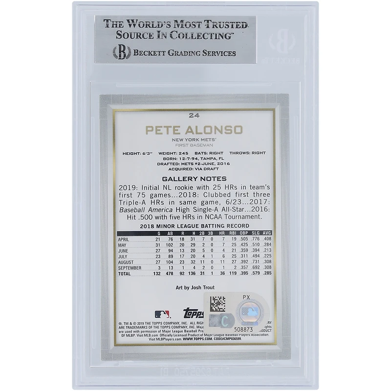 Pete Alonso, New York Mets, carte de recrue authentifiée autographiée 2019 Topps Gallery #24 Beckett Fanatics