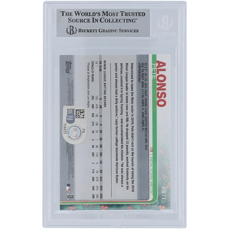 Pete Alonso New York Mets Autographed 2019 Topps Holiday Walmart #HW71 Beckett Fanatics Witnessed Authenticated Rookie Card