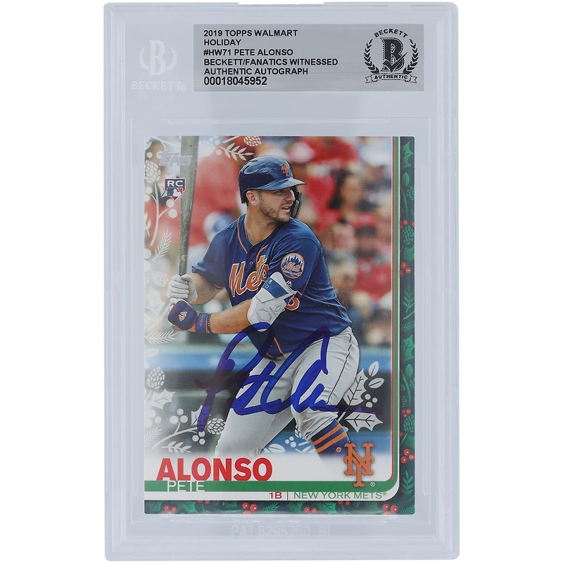 Pete Alonso, New York Mets, carte de recrue authentifiée Topps Holiday Walmart #HW71 signée par Beckett Fanatics 2019