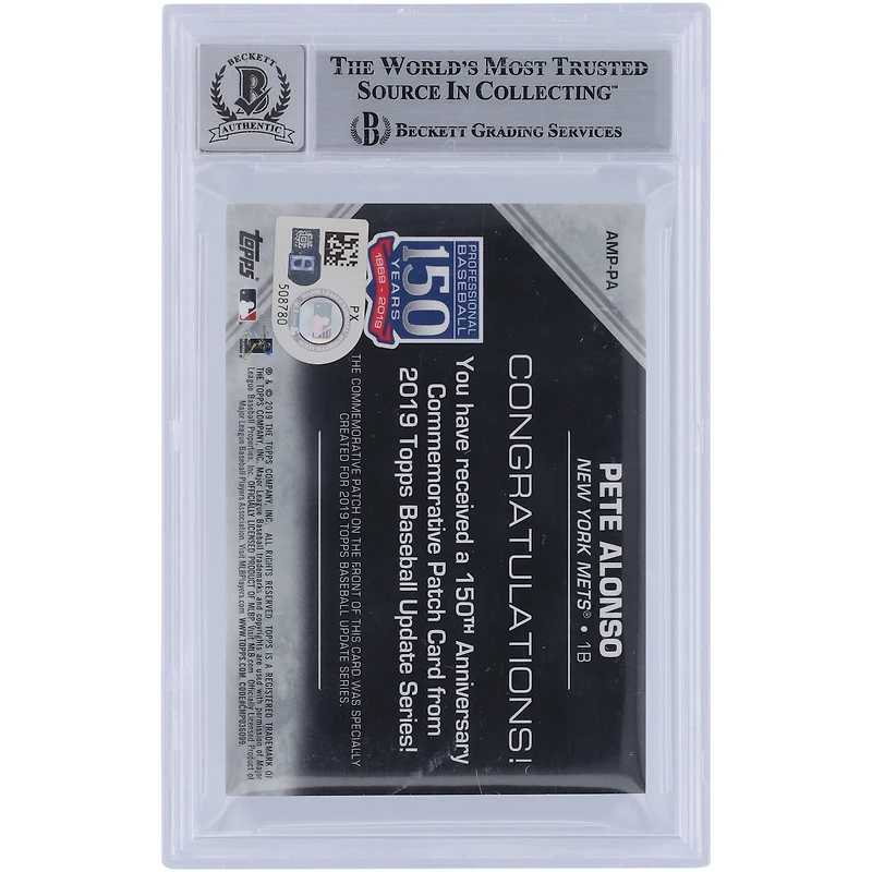 Pete Alonso New York Mets Autographed 2019 Topps Update 150th Anniversary Commemorative Relic #AMP-PA Beckett Fanatics Witnessed Authenticated 9/10 Rookie Card