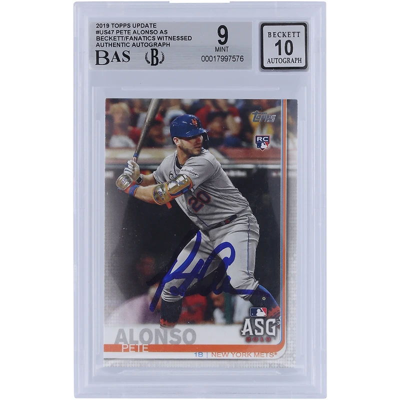 Pete Alonso, New York Mets, carte de recrue autographiée 2019 Topps Update #US47 Beckett Fanatics, vue authentifiée 9/10