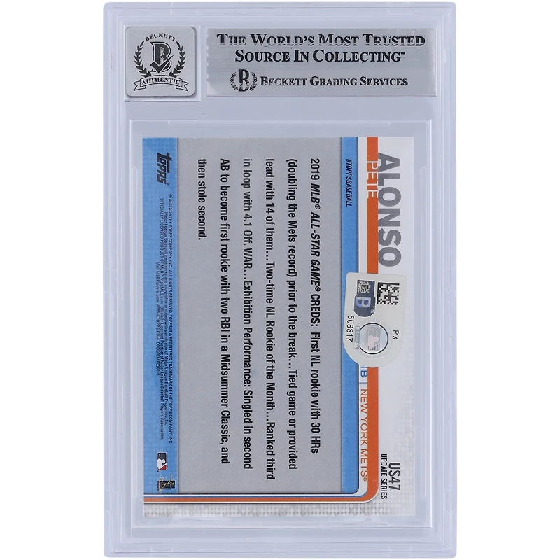 Pete Alonso New York Mets Autographed 2019 Topps Update #US47 Beckett Fanatics Witnessed Authenticated 9/10 Rookie Card