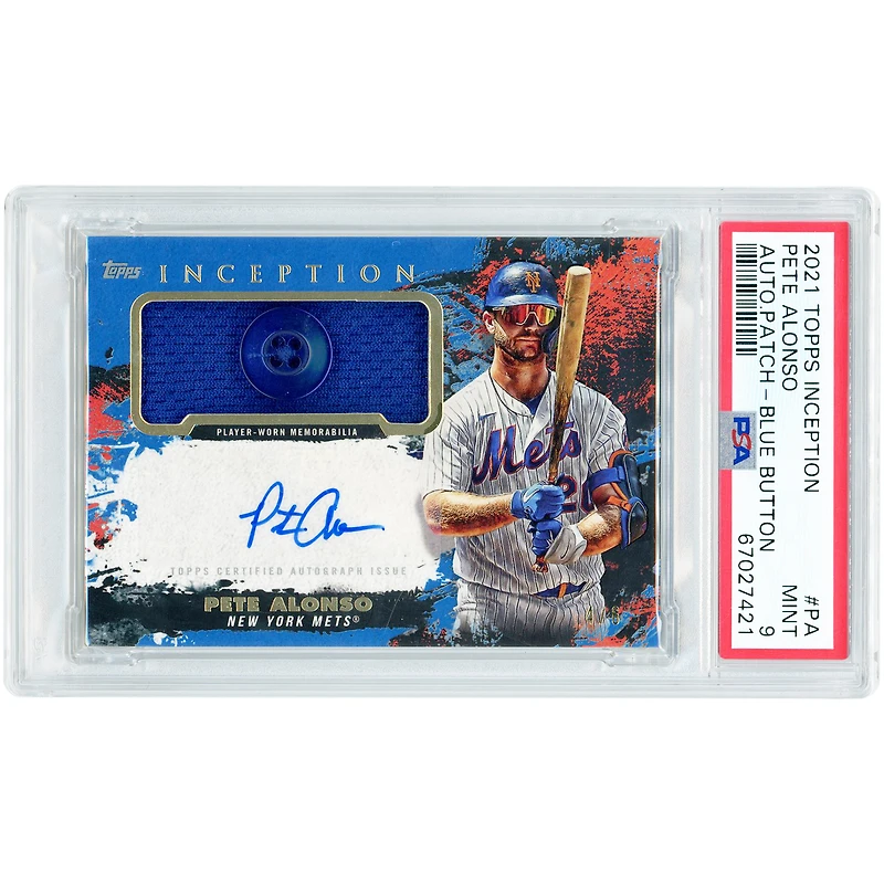 Pete Alonso New York Mets Autographed 2021 Topps Inception Button Relic Blue #APC-PA #4/6 PSA Authenticated 9 Card