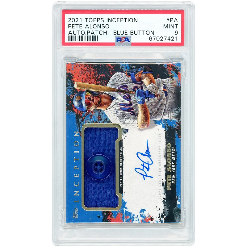 Pete Alonso New York Mets Autographed 2021 Topps Inception Button Relic Blue #APC-PA #4/6 PSA Authenticated 9 Card