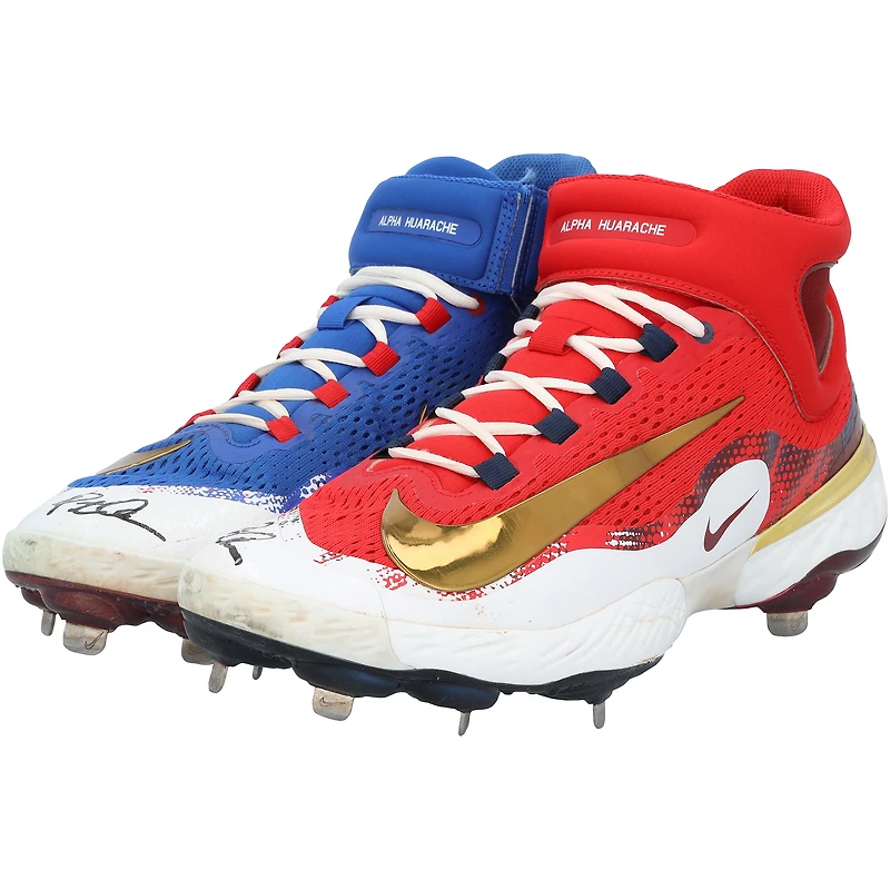 Crampons Nike rouges et bleus portés en match par Pete Alonso (New York Mets) lors de la saison 2025 de la MLB, autographiés - HH98515748-49