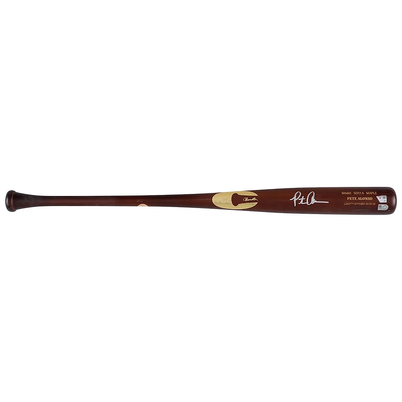 Bâton Brown Chandler autographié par Pete Alonso, joueur des Mets de New York, lors de la saison 2025 de la MLB.