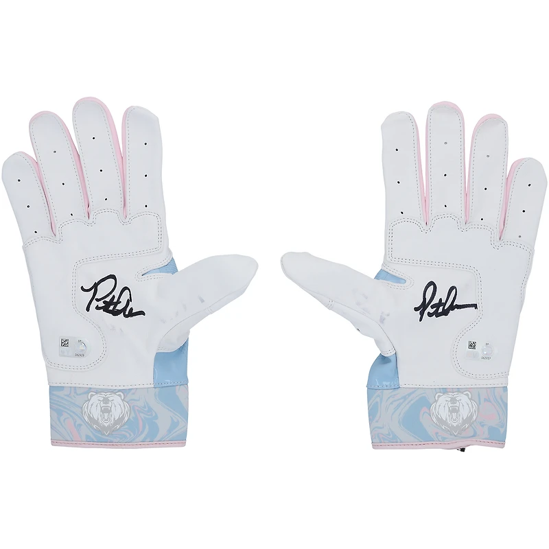 Gants de frappe Nike blancs et bleus autographiés par Pete Alonso, joueurs des Mets de New York, saison 2025 de la MLB