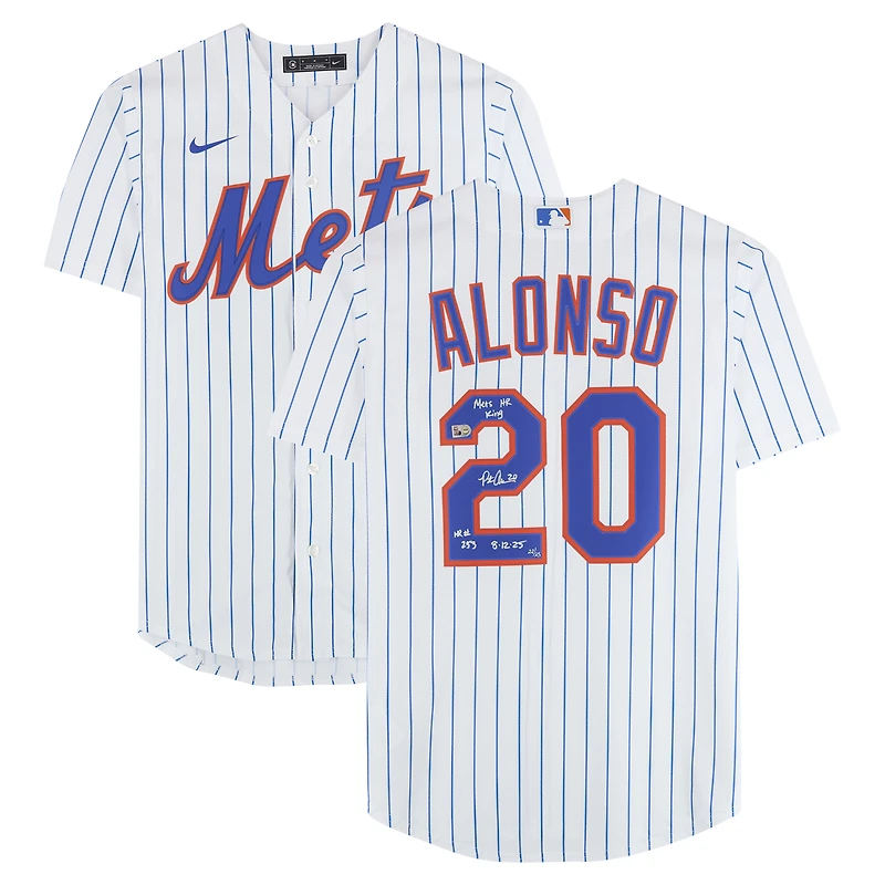 Maillot réplique blanc Nike autographié par Pete Alonso des Mets de New York, avec plusieurs inscriptions - Édition limitée à 25 exemplaires