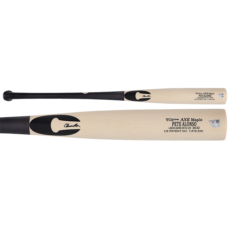 Batte Chandler beige et noire portée par Pete Alonso, joueur des Mets de New York, lors de la saison 2025 de la MLB.